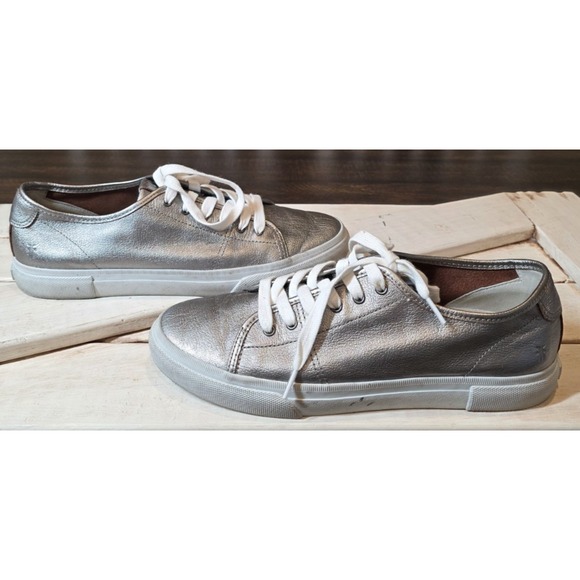 FRYE Gia Low Lace Sneakers Pewter Silver Metallic Leather Shoes sz 9.5 M FR41119 - Picture 1 of 15